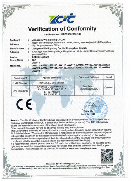 China Jiangsu A-wei Lighting Co., Ltd. certification